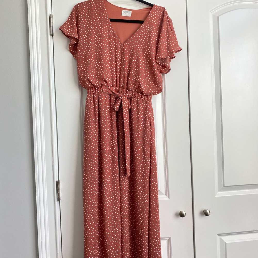 Sienna Sky blush midi polka dot dress